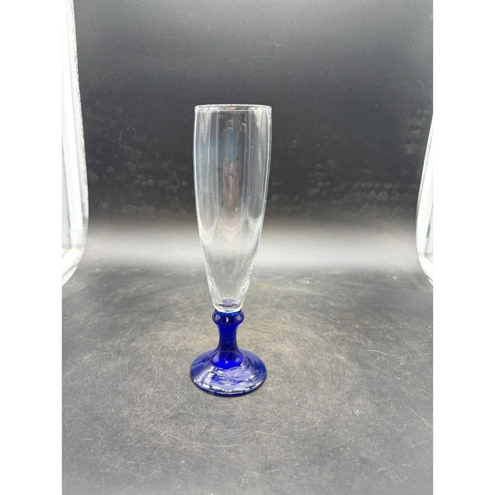 Vintage Cobalt Blue Stem Champagne Flute Clear Glass Toasting Goblet 7.75in
